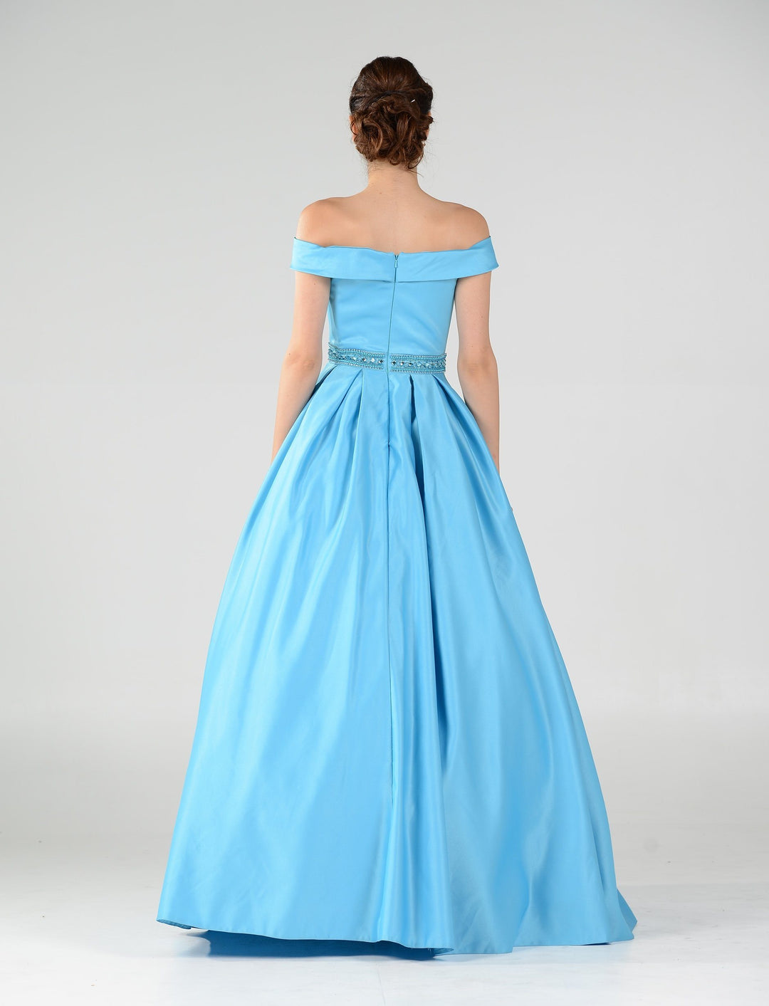 Off the Shoulder A-line Gown with Beaded Waist by Poly USA 7936-Long Formal Dresses-ABC Fashion
