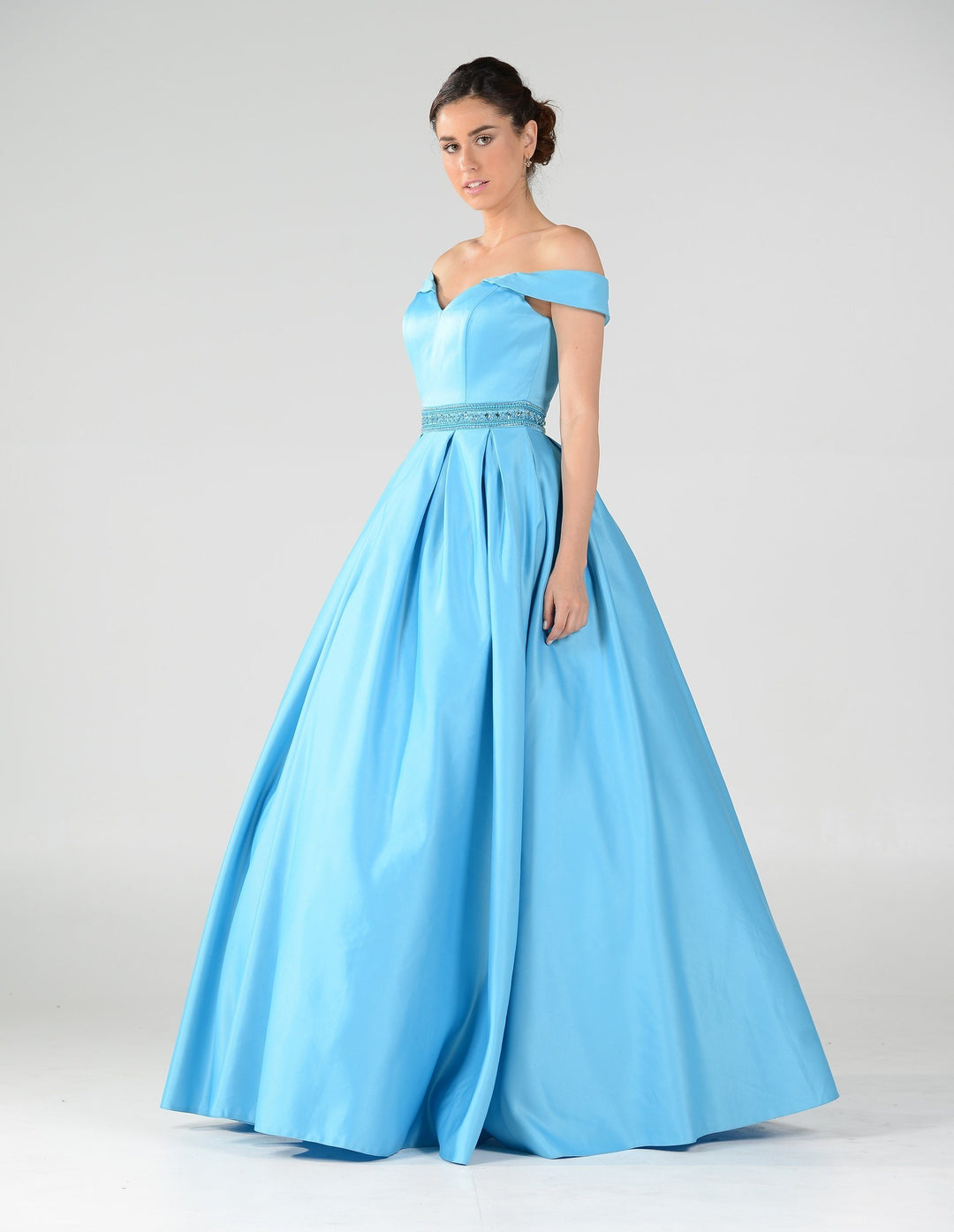 Off the Shoulder A-line Gown with Beaded Waist by Poly USA 7936-Long Formal Dresses-ABC Fashion
