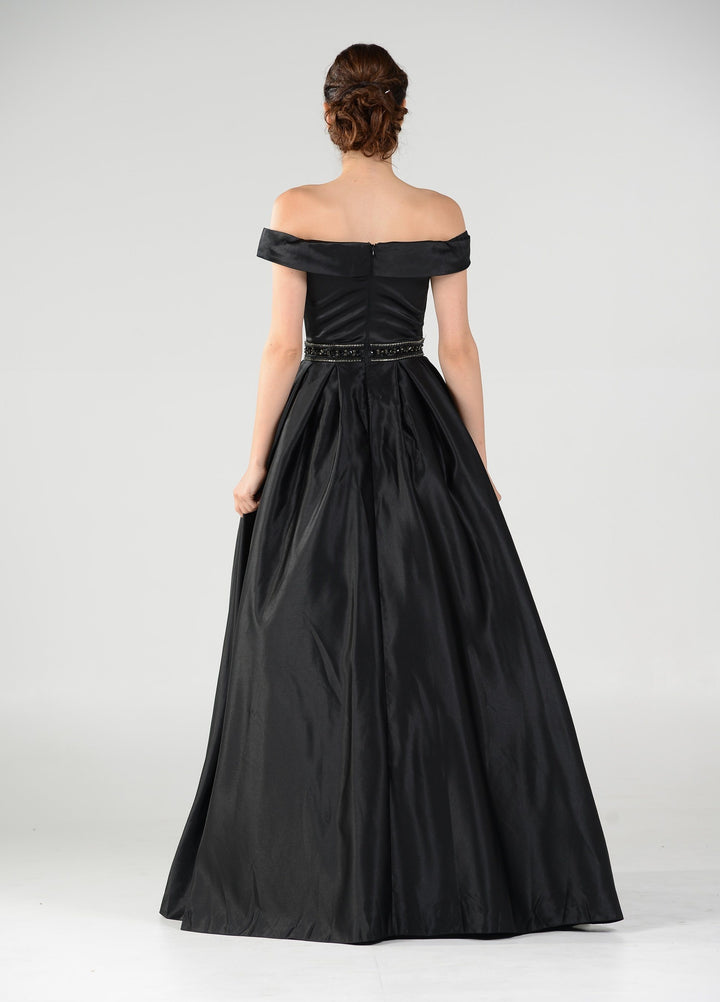 Off the Shoulder A-line Gown with Beaded Waist by Poly USA 7936-Long Formal Dresses-ABC Fashion