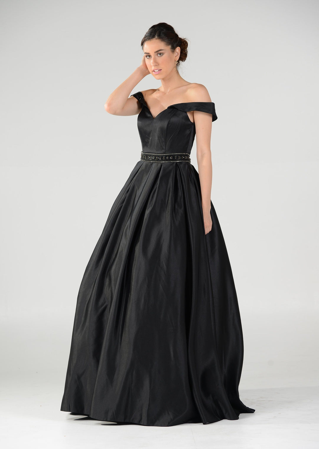 Off the Shoulder A-line Gown with Beaded Waist by Poly USA 7936-Long Formal Dresses-ABC Fashion