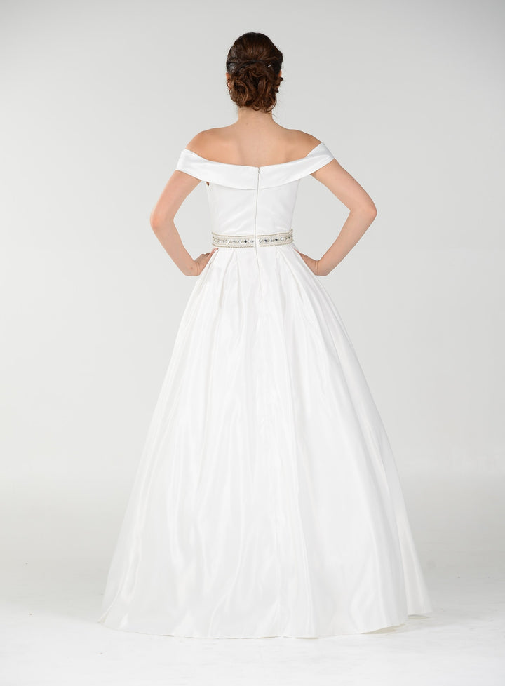 Off the Shoulder A-line Gown with Beaded Waist by Poly USA 7936-Long Formal Dresses-ABC Fashion