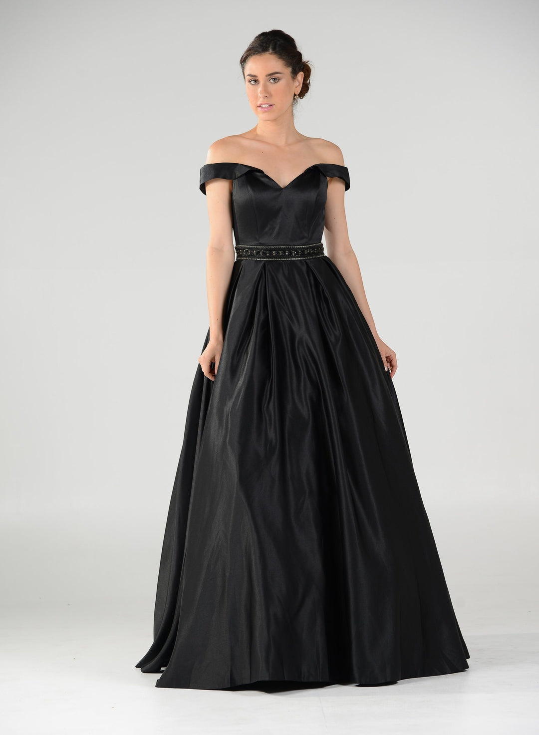 Off the Shoulder A-line Gown with Beaded Waist by Poly USA 7936-Long Formal Dresses-ABC Fashion