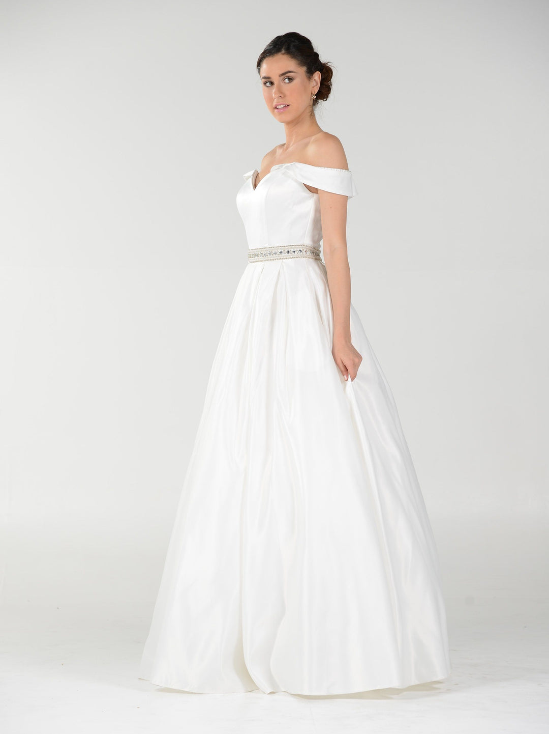 Off the Shoulder A-line Gown with Beaded Waist by Poly USA 7936-Long Formal Dresses-ABC Fashion