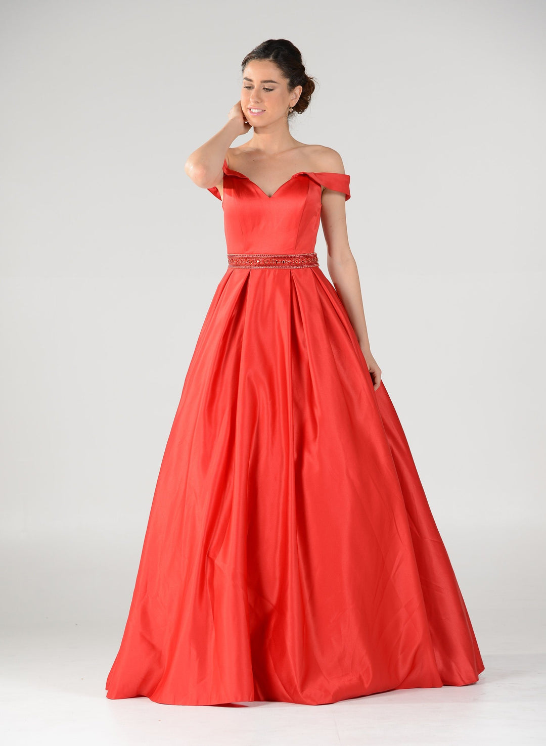 Off the Shoulder A-line Gown with Beaded Waist by Poly USA 7936-Long Formal Dresses-ABC Fashion