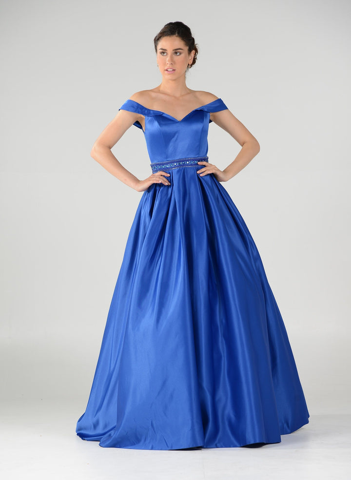 Off the Shoulder A-line Gown with Beaded Waist by Poly USA 7936-Long Formal Dresses-ABC Fashion