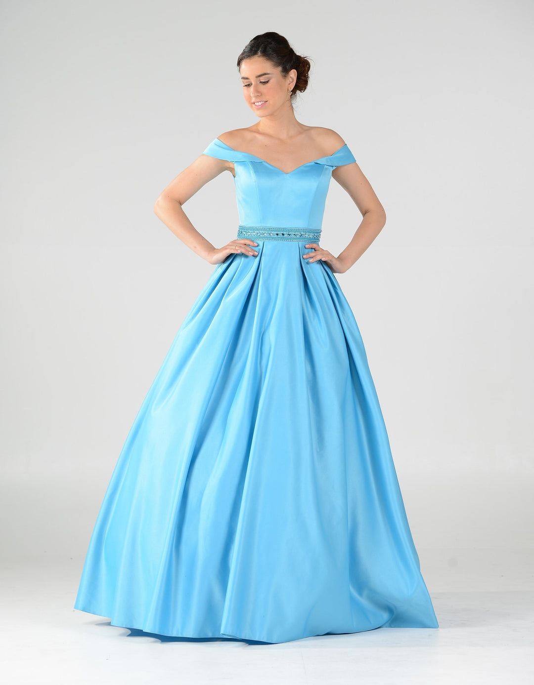 Off the Shoulder A-line Gown with Beaded Waist by Poly USA 7936-Long Formal Dresses-ABC Fashion