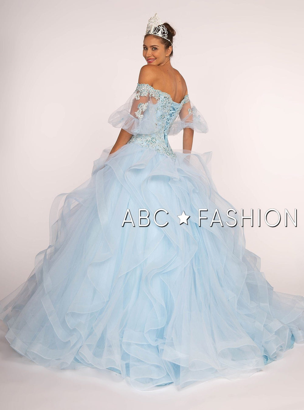 Off the Shoulder Ball Gown with Sheer Sleeves by Elizabeth K GL2601-Quinceanera Dresses-ABC Fashion