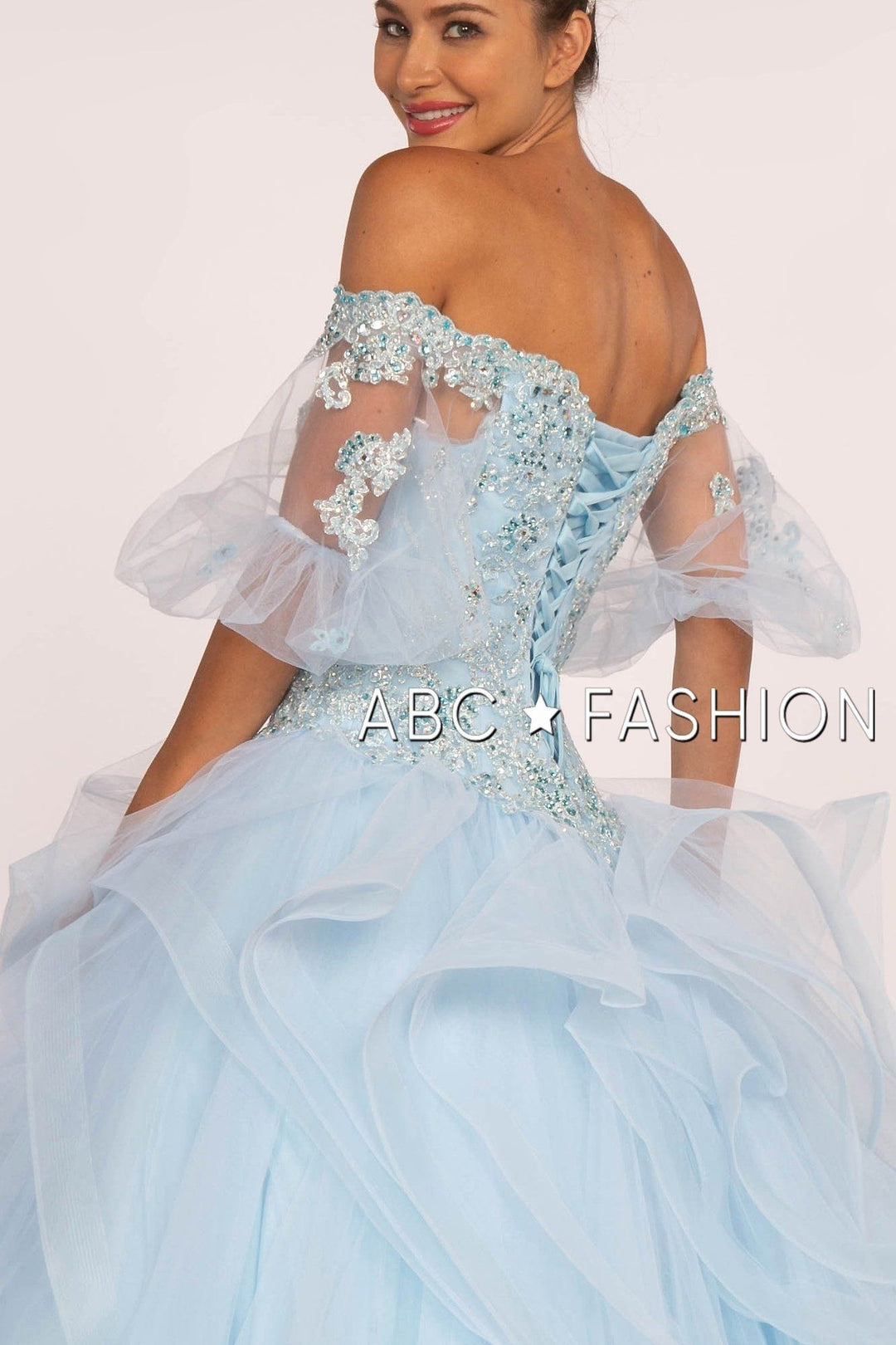 Off the Shoulder Ball Gown with Sheer Sleeves by Elizabeth K GL2601-Quinceanera Dresses-ABC Fashion