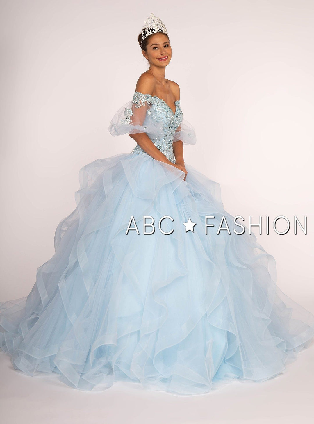 Off the Shoulder Ball Gown with Sheer Sleeves by Elizabeth K GL2601-Quinceanera Dresses-ABC Fashion