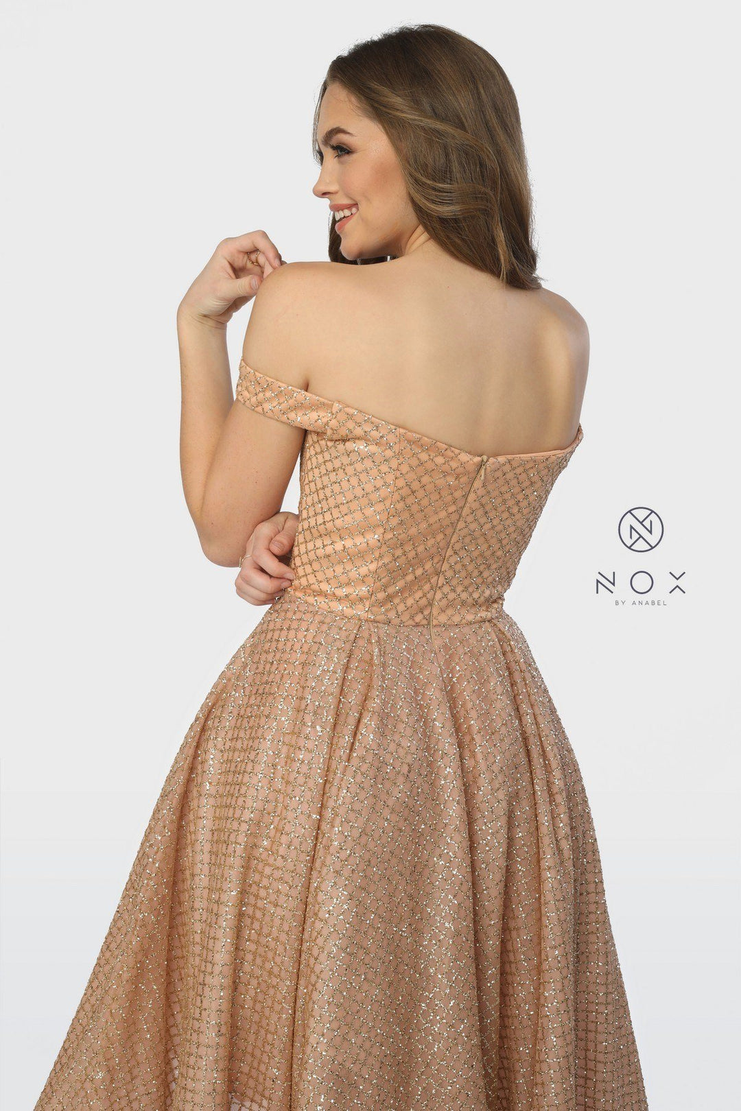 Off the Shoulder Glitter High Low Dress by Nox Anabel R164-Long Formal Dresses-ABC Fashion