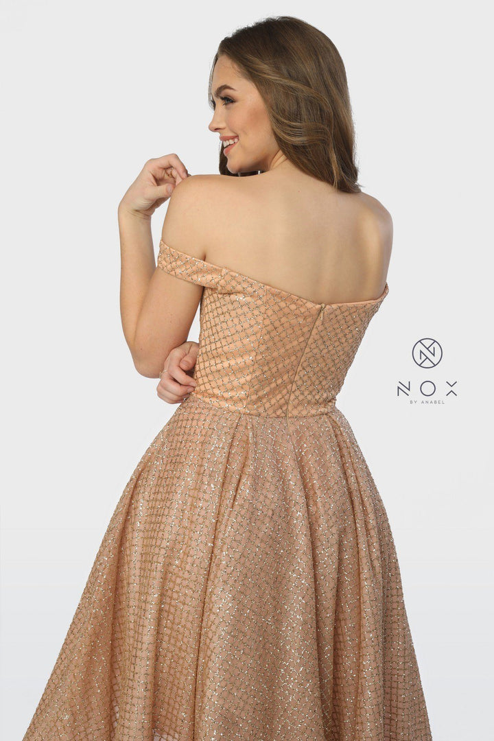 Off the Shoulder Glitter High Low Dress by Nox Anabel R164-Long Formal Dresses-ABC Fashion