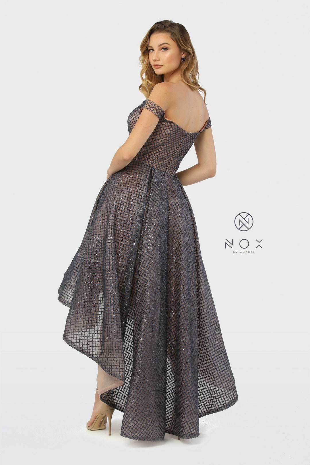 Off the Shoulder Glitter High Low Dress by Nox Anabel R164-Long Formal Dresses-ABC Fashion