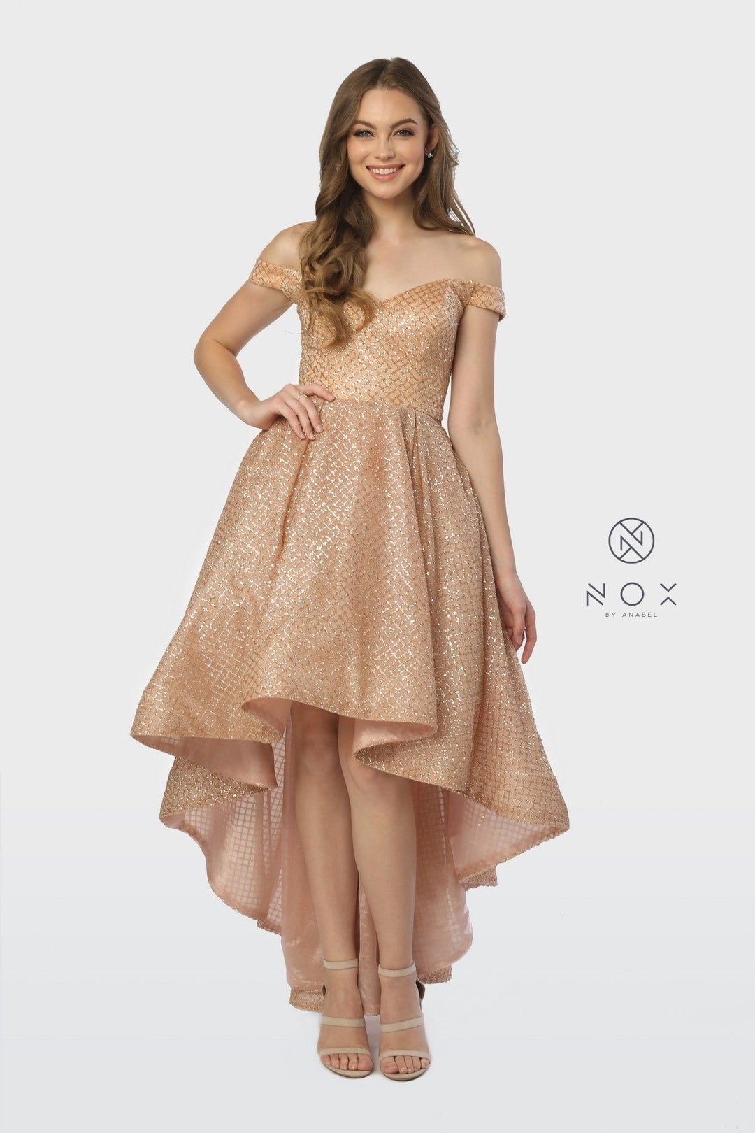 Off the Shoulder Glitter High Low Dress by Nox Anabel R164-Long Formal Dresses-ABC Fashion