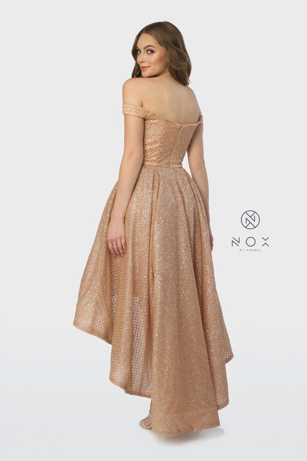 Off the Shoulder Glitter High Low Dress by Nox Anabel R164-Long Formal Dresses-ABC Fashion