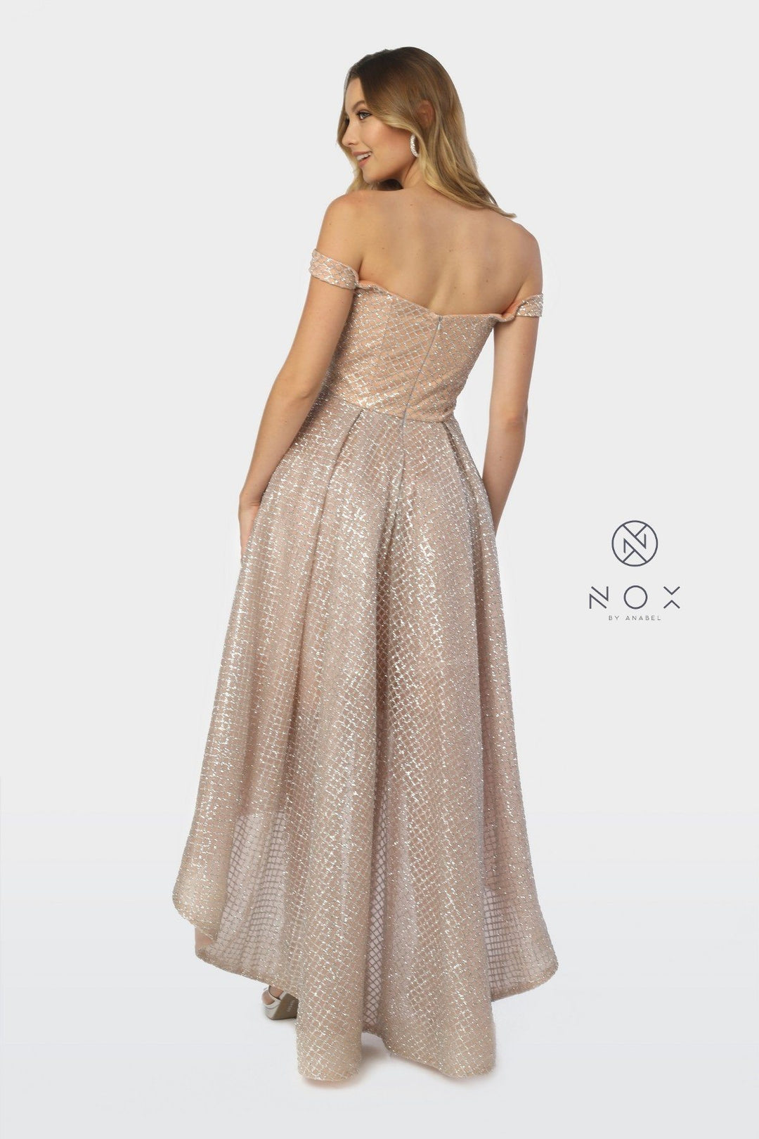 Off the Shoulder Glitter High Low Dress by Nox Anabel R164-Long Formal Dresses-ABC Fashion