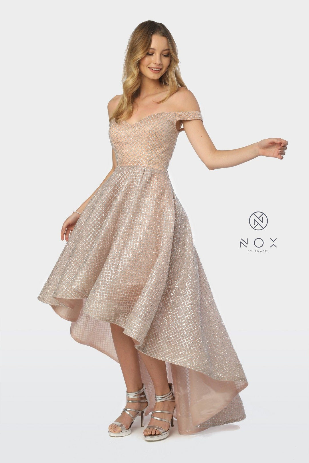 Off the Shoulder Glitter High Low Dress by Nox Anabel R164-Long Formal Dresses-ABC Fashion