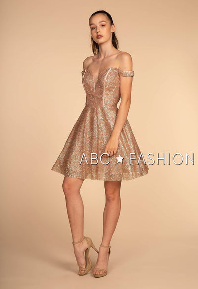 Off the Shoulder Glitter Mesh Short Dress by Elizabeth K GS1626-Short Cocktail Dresses-ABC Fashion