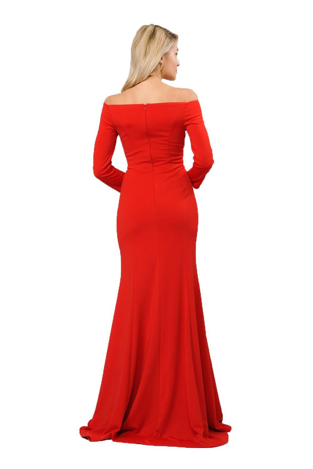Off the Shoulder Gown with Long Sleeves by Poly USA 8378-Long Formal Dresses-ABC Fashion