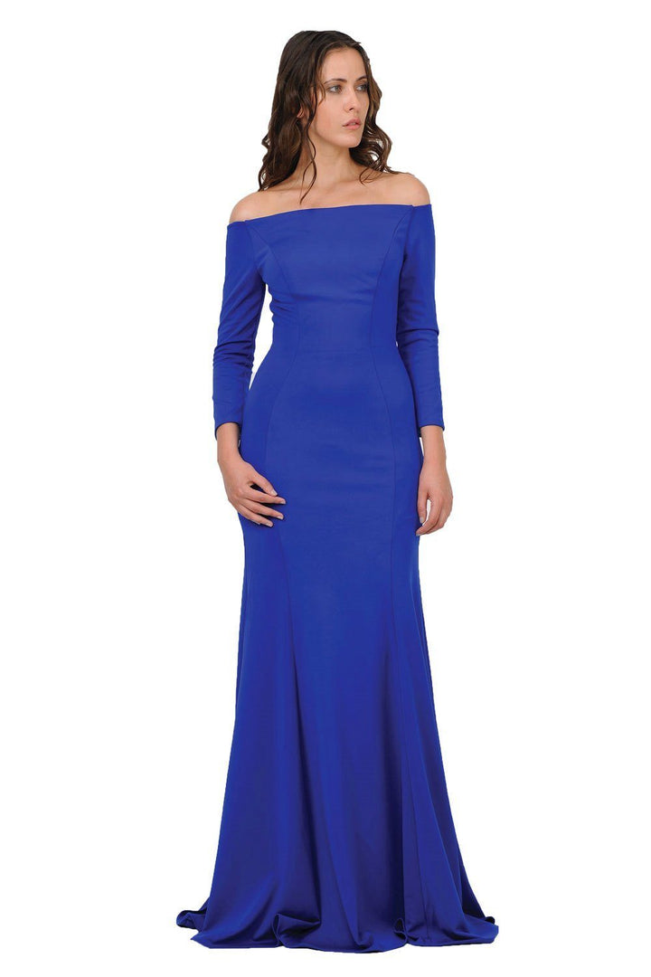 Off the Shoulder Gown with Long Sleeves by Poly USA 8378-Long Formal Dresses-ABC Fashion