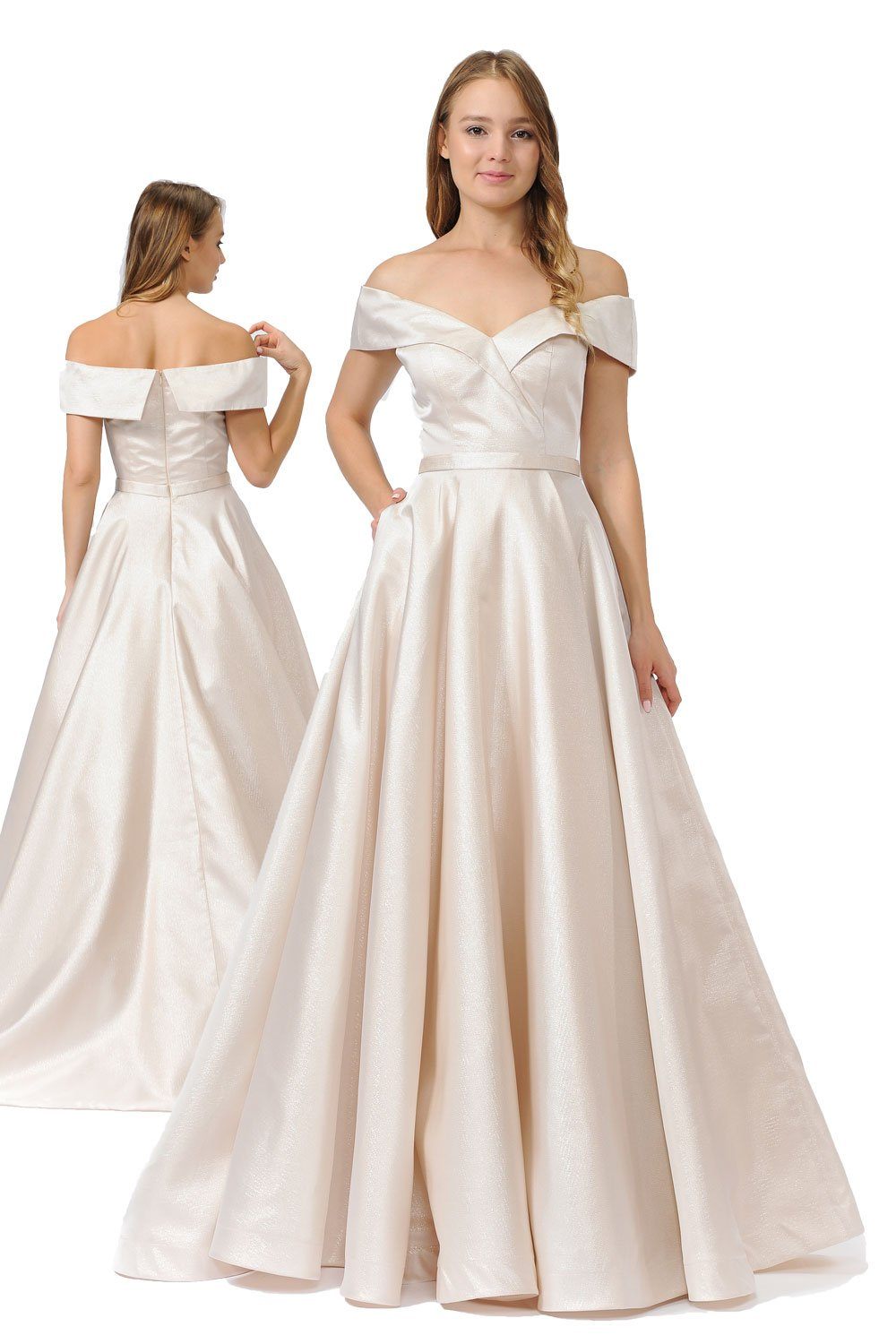 Off the Shoulder Long Shimmer Dress by Poly USA 8460-Long Formal Dresses-ABC Fashion