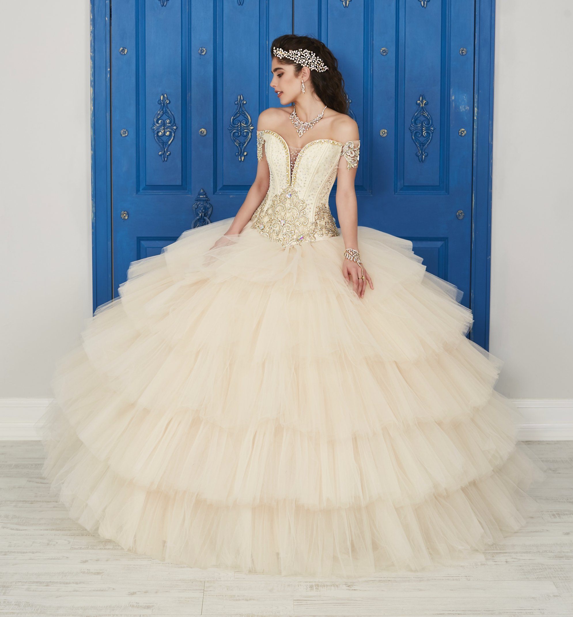 Off the Shoulder V Neck Dress by House of Wu LA Glitter 24036