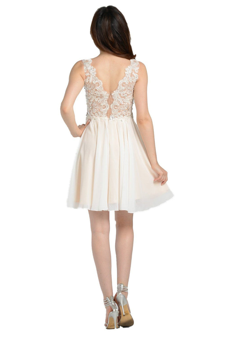 Off White Short Chiffon Dress with Lace Bodice by Poly USA-Short Cocktail Dresses-ABC Fashion