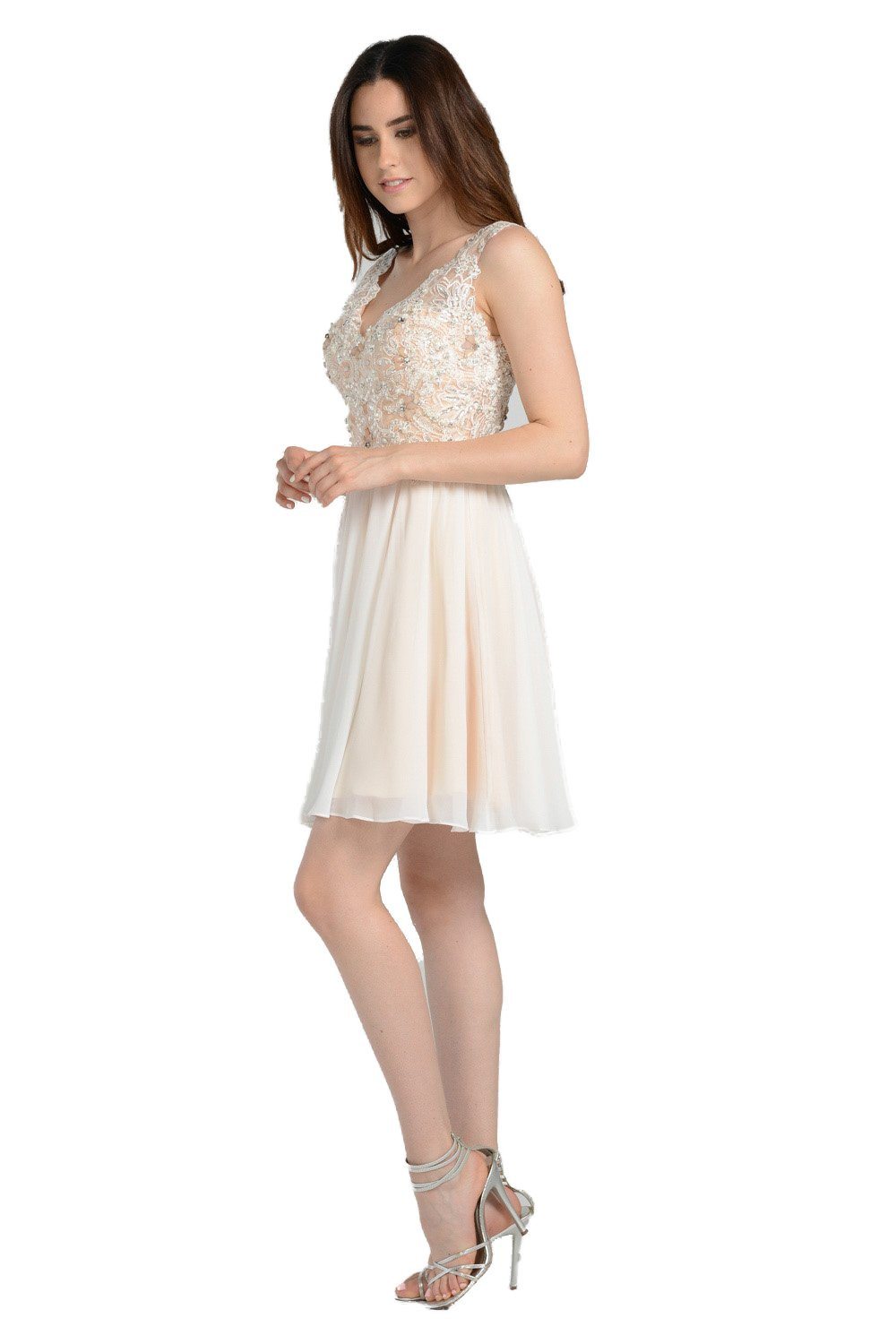 Off White Short Chiffon Dress with Lace Bodice by Poly USA-Short Cocktail Dresses-ABC Fashion