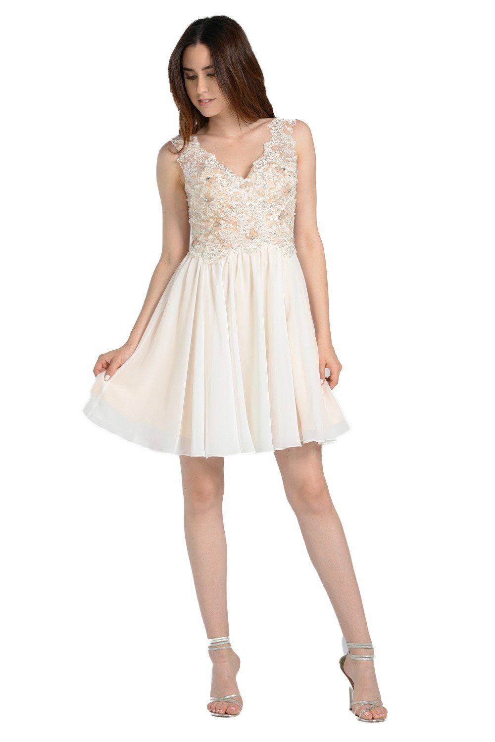Off White Short Chiffon Dress with Lace Bodice by Poly USA-Short Cocktail Dresses-ABC Fashion