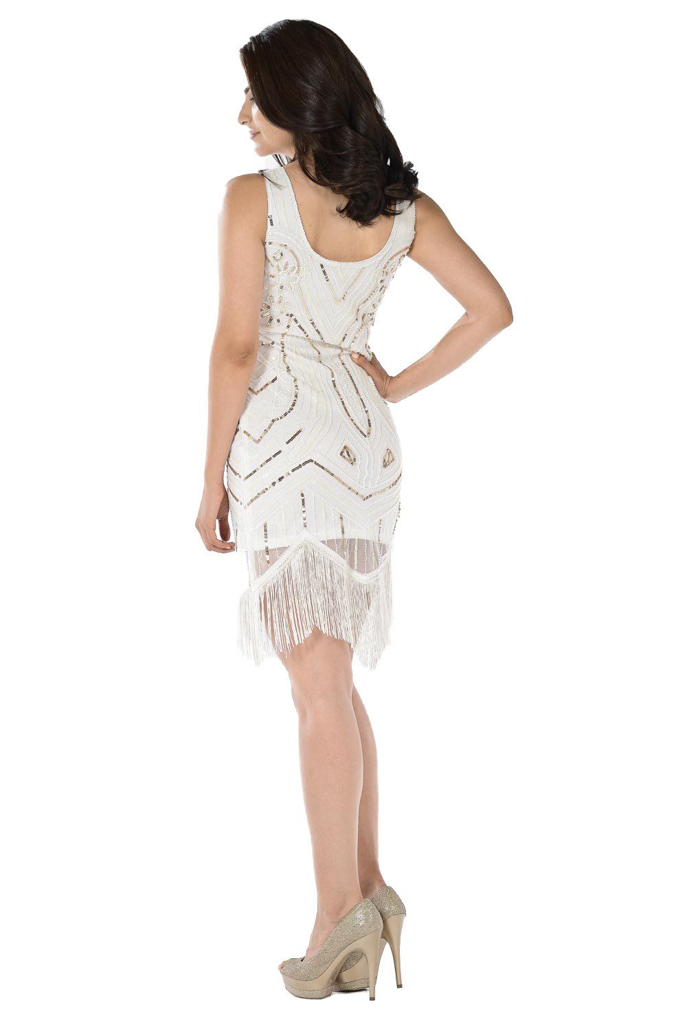 Off White Short Sequined Flapper Fringe Dress by Poly USA-Short Cocktail Dresses-ABC Fashion