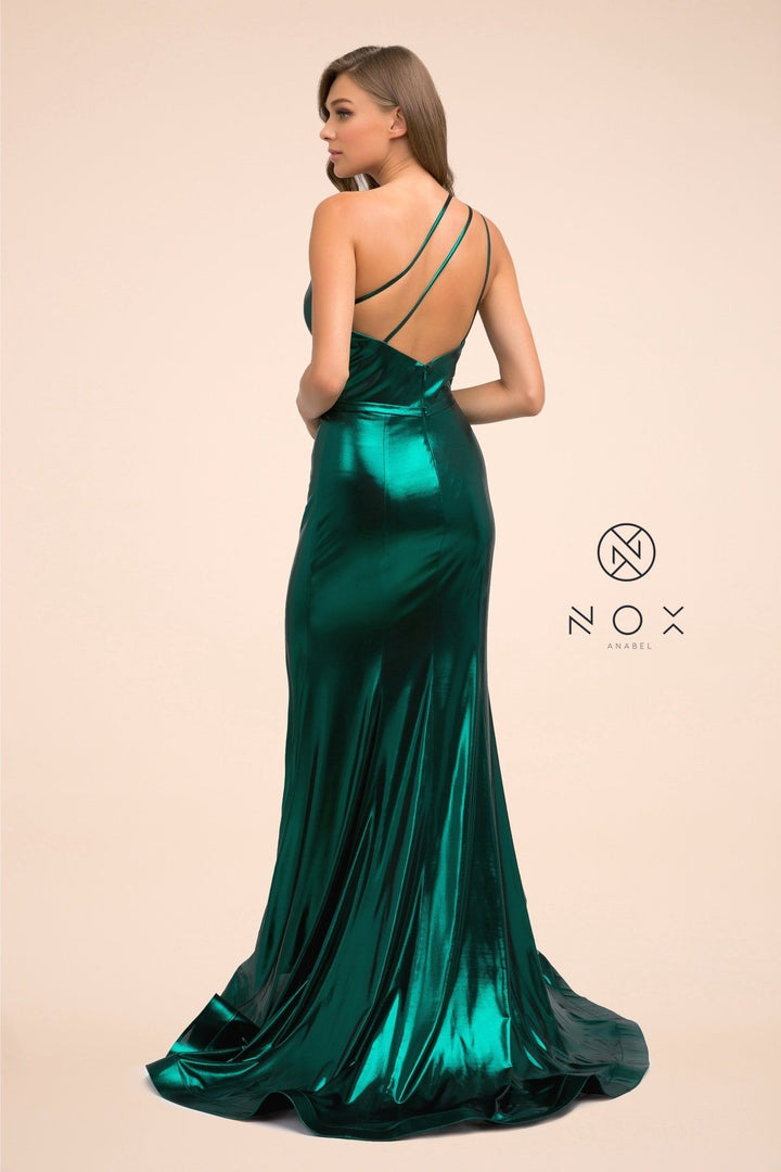 One Shoulder Iridescent Metallic Gown by Nox Anabel M327