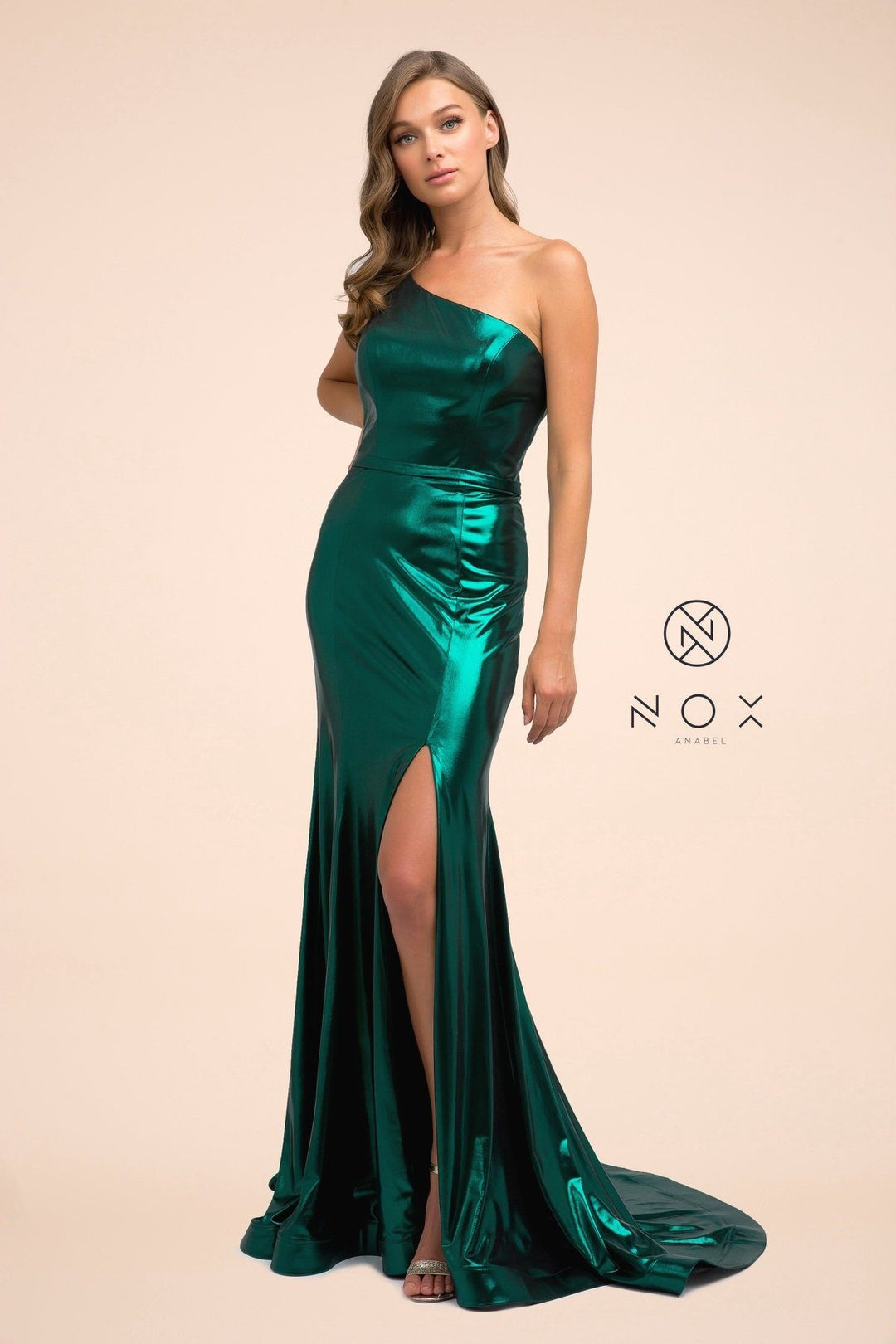 One Shoulder Iridescent Metallic Gown by Nox Anabel M327
