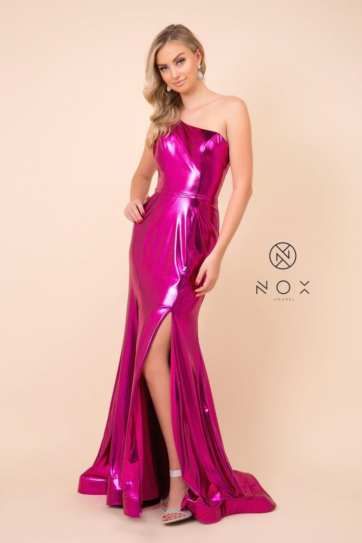 One Shoulder Iridescent Metallic Gown by Nox Anabel M327