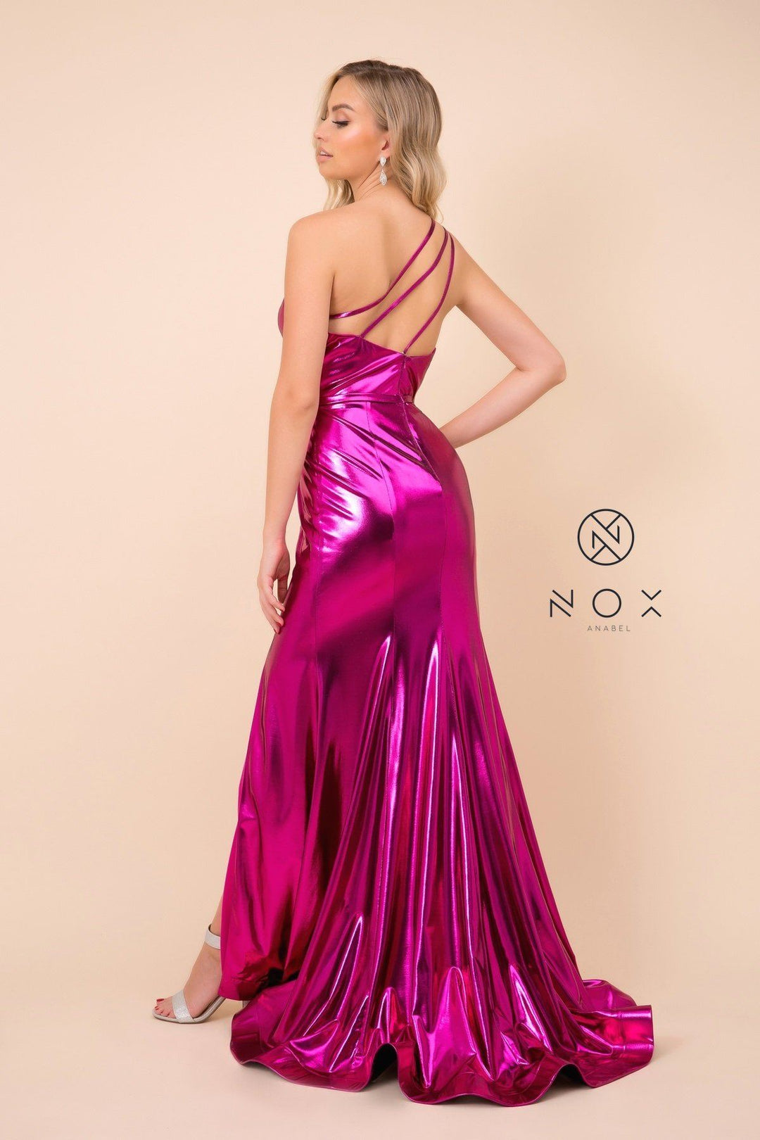 One Shoulder Iridescent Metallic Gown by Nox Anabel M327