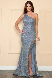 One Shoulder Sequin Fringe Gown by Poly USA 8984