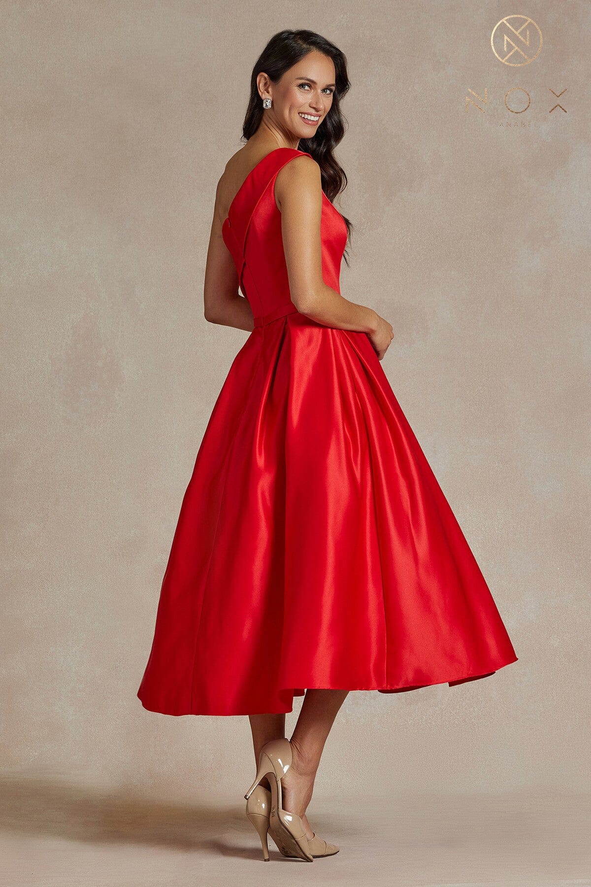 One Shoulder Tea Length Dress by Nox Anabel JE931 – ABC Fashion