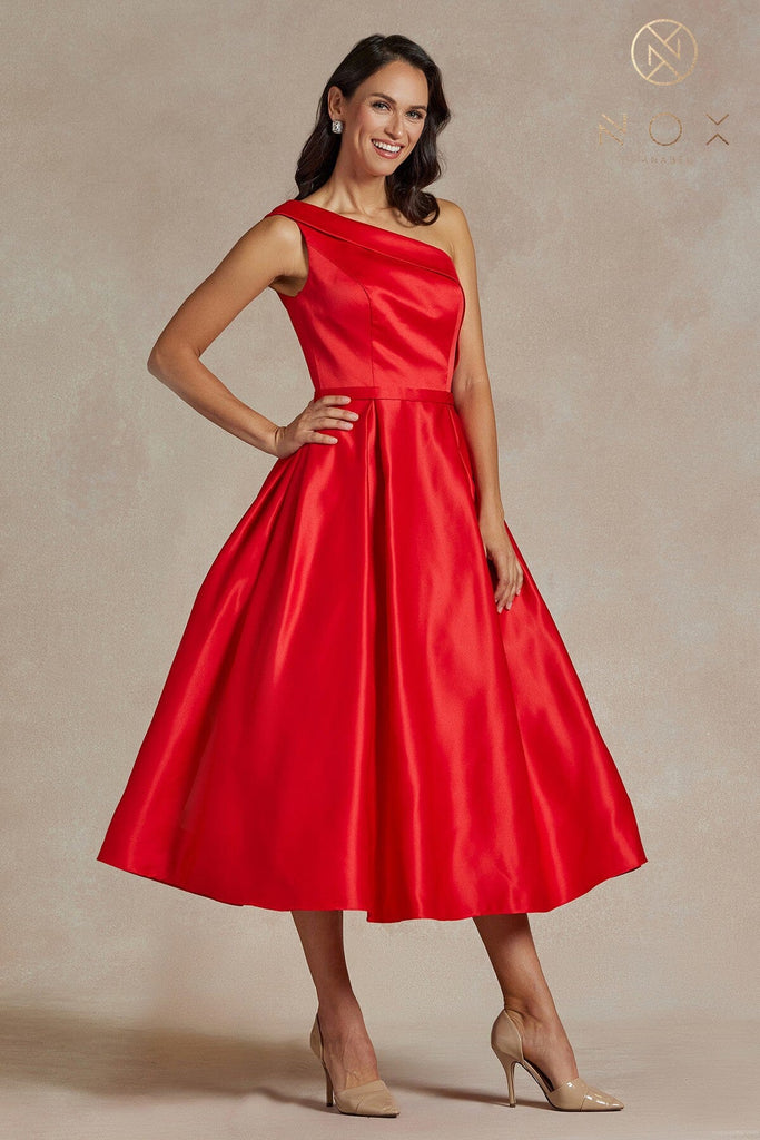 one shoulder tea length dress by Nox Anabel JE931 12 / Red Shine in this one Fabric Quantity:Half piece - 7.5 metres /  8.2 yards The Allure of Black in house