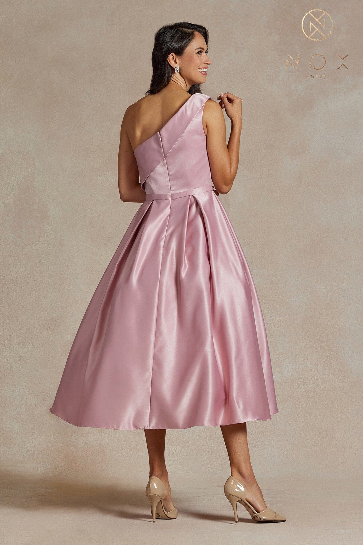 One Shoulder Tea Length Dress by Nox Anabel JE931 – ABC Fashion