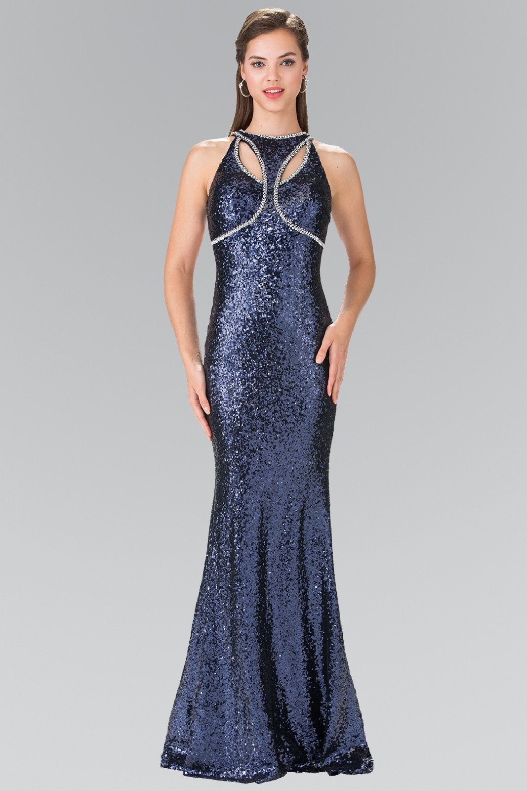 Open Back Sequined Dress with Jeweled Accents by Elizabeth K GL2217 L / Navy Blue Open Back Sequined Dress with Jeweled Accents by Elizabeth K GL2217 L / Navy Blue