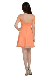 Orange Short Lace Bodice Dress with Short Sleeves by Poly USA-Short Cocktail Dresses-ABC Fashion