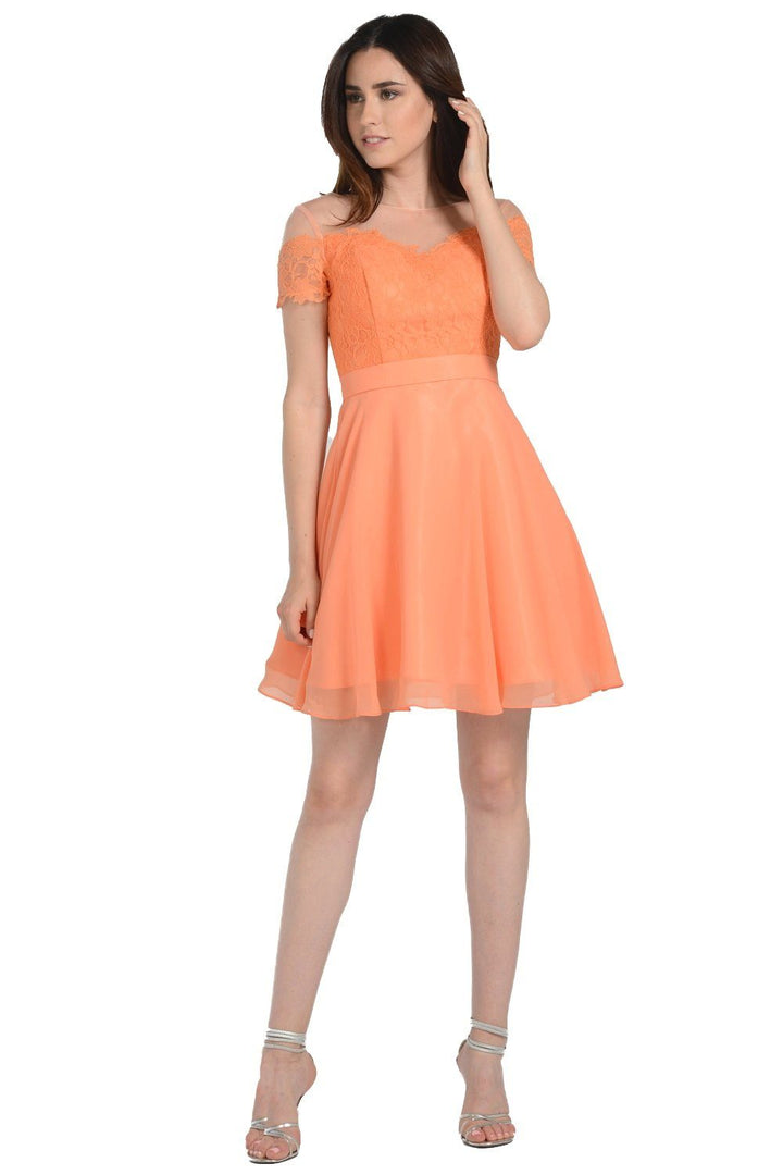 Orange Short Lace Bodice Dress with Short Sleeves by Poly USA-Short Cocktail Dresses-ABC Fashion