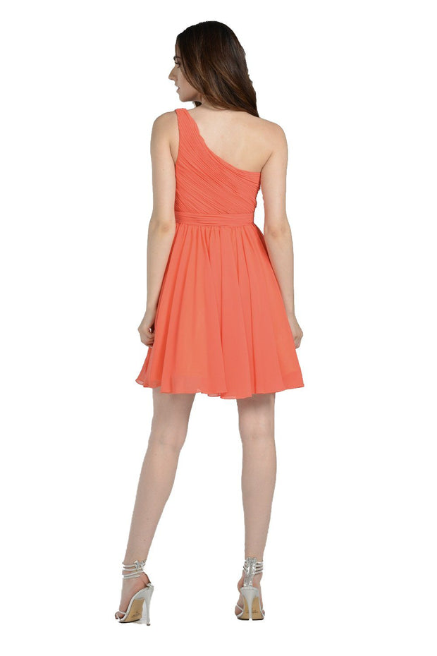 Orange Short One Shoulder Ruched Dress by Poly USA-Short Cocktail Dresses-ABC Fashion