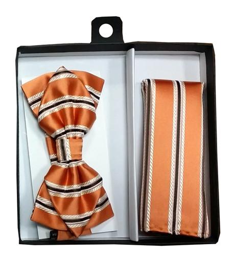 Orange Striped Bow Tie with Pocket Square (Pointed Tip)-Men's Bow Ties-ABC Fashion