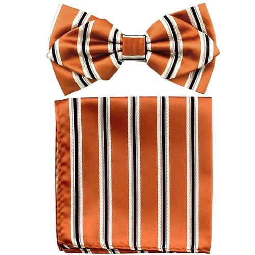 Orange Striped Bow Tie with Pocket Square (Pointed Tip)-Men's Bow Ties-ABC Fashion