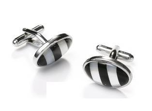 Oval Silver Cufflinks with Black and White Stripes-Men's Cufflinks-ABC Fashion