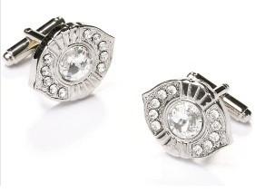 Oval Silver Cufflinks with Clear Crystals-Men's Cufflinks-ABC Fashion