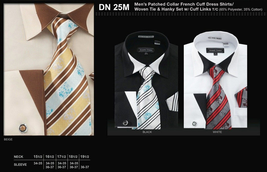 Patched Collar French Cuff Shirts with Tie, Hanky, Cuff Links-Men's Formal Wear-ABC Fashion