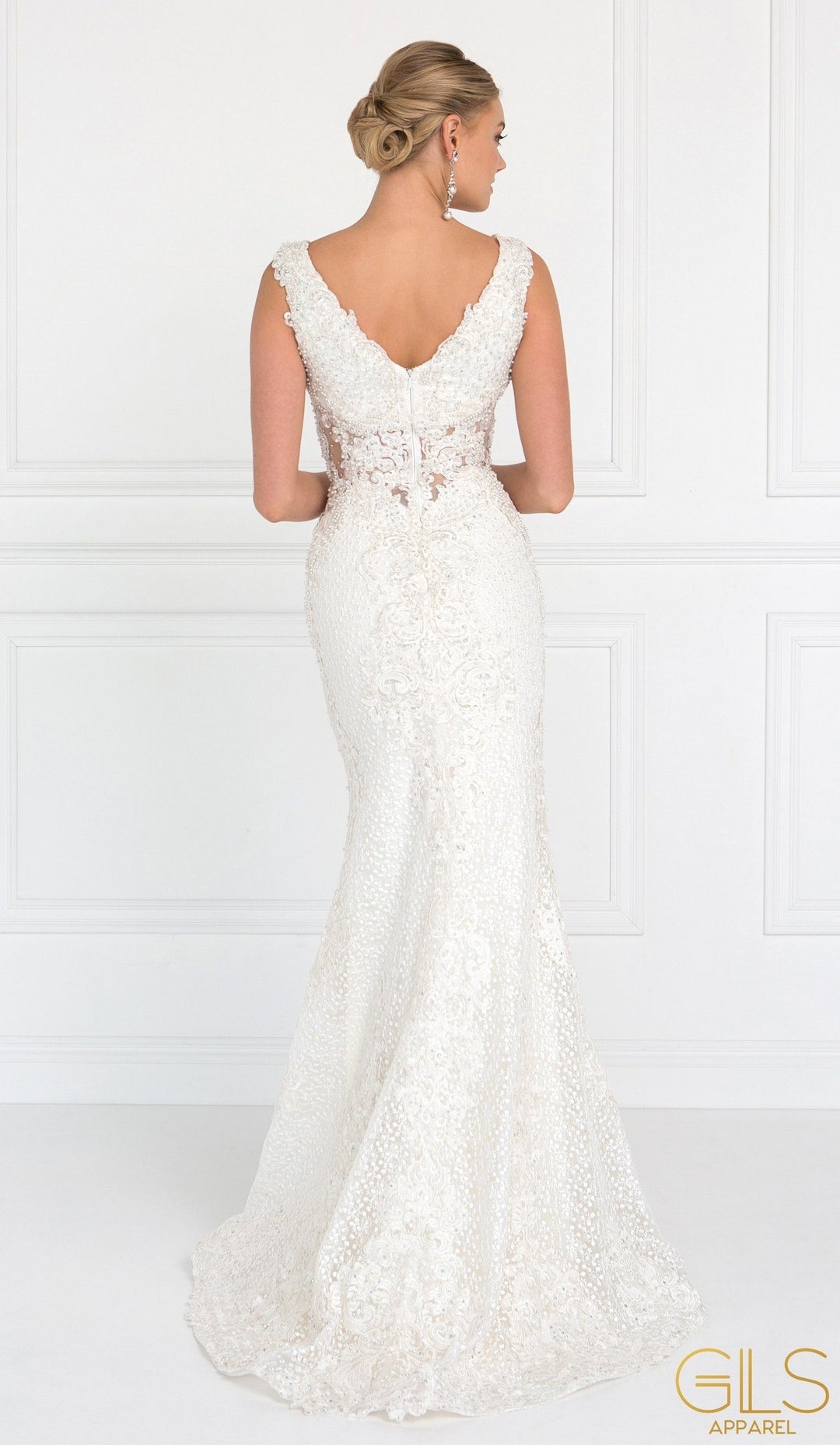Peach Lace Mermaid Gown with Sheer Cutouts by Elizabeth K GL1533-Long Formal Dresses-ABC Fashion