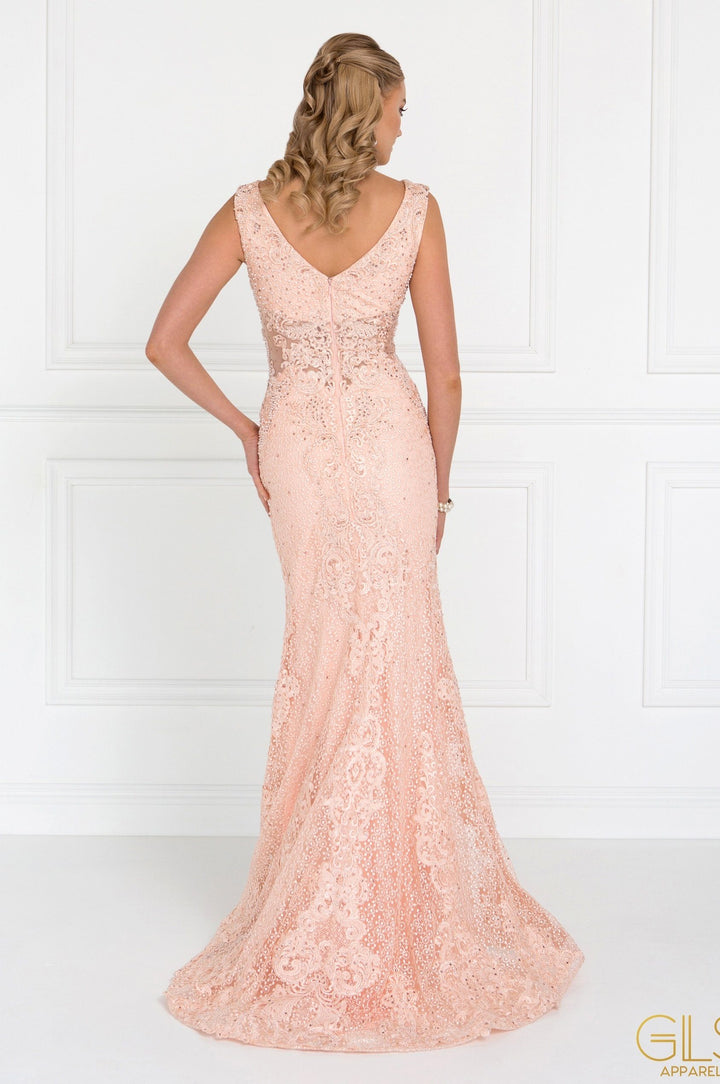 Peach Lace Mermaid Gown with Sheer Cutouts by Elizabeth K GL1533-Long Formal Dresses-ABC Fashion