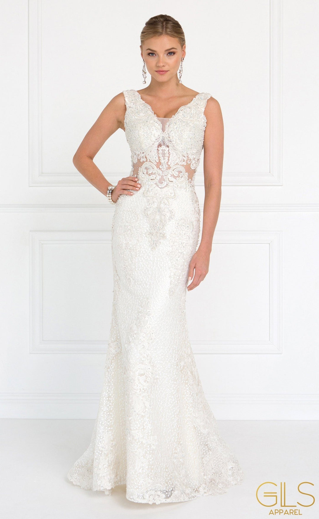Peach Lace Mermaid Gown with Sheer Cutouts by Elizabeth K GL1533-Long Formal Dresses-ABC Fashion