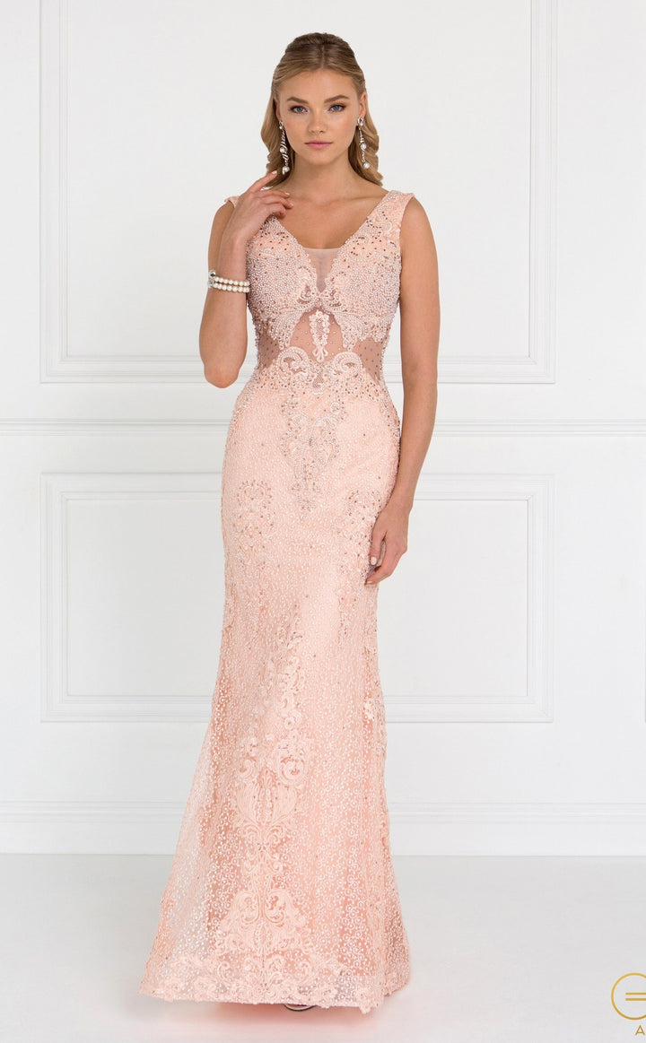 Peach Lace Mermaid Gown with Sheer Cutouts by Elizabeth K GL1533-Long Formal Dresses-ABC Fashion